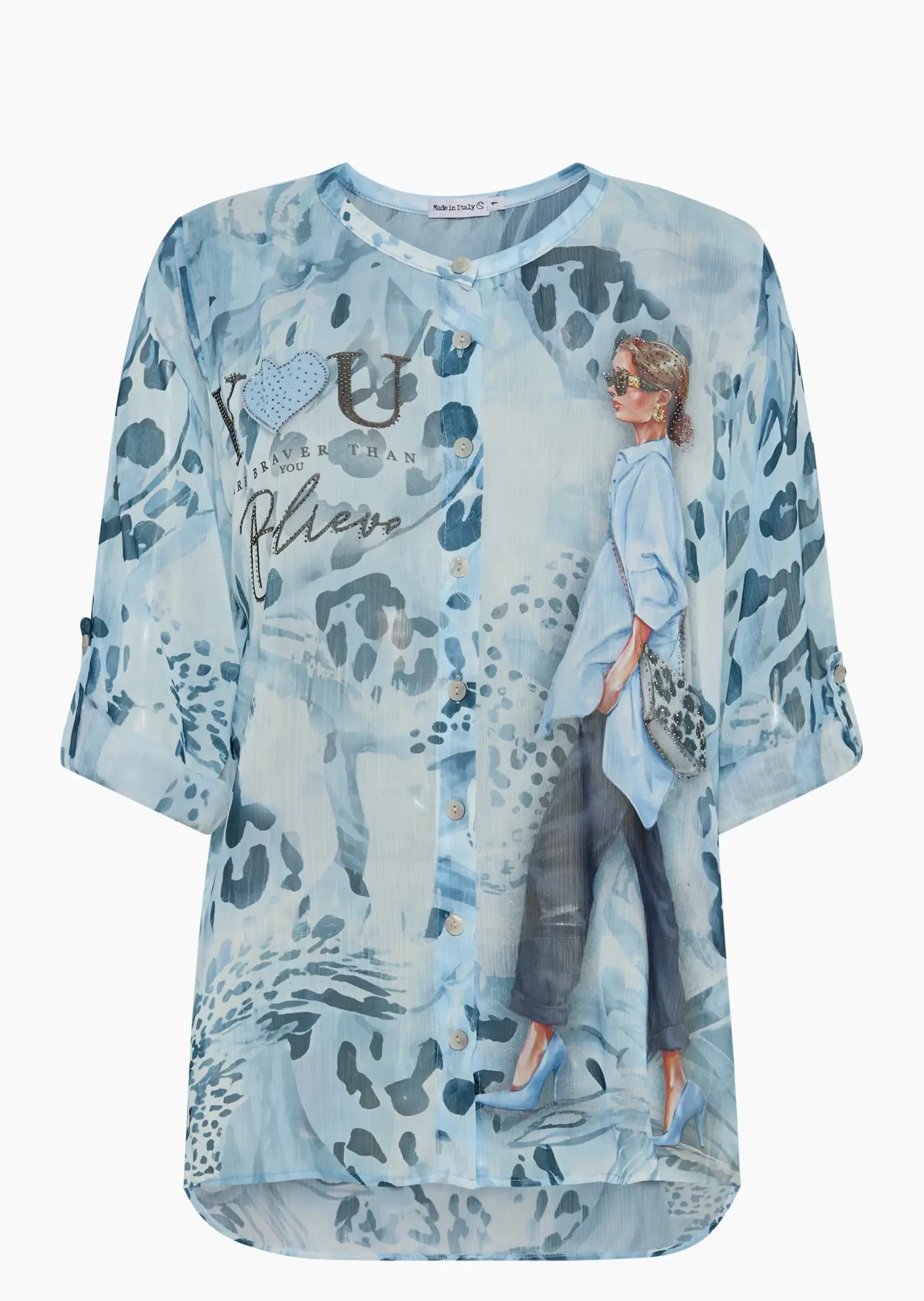 transparente Chiffonbluse mit Print und Ziersteinen, eiskristall