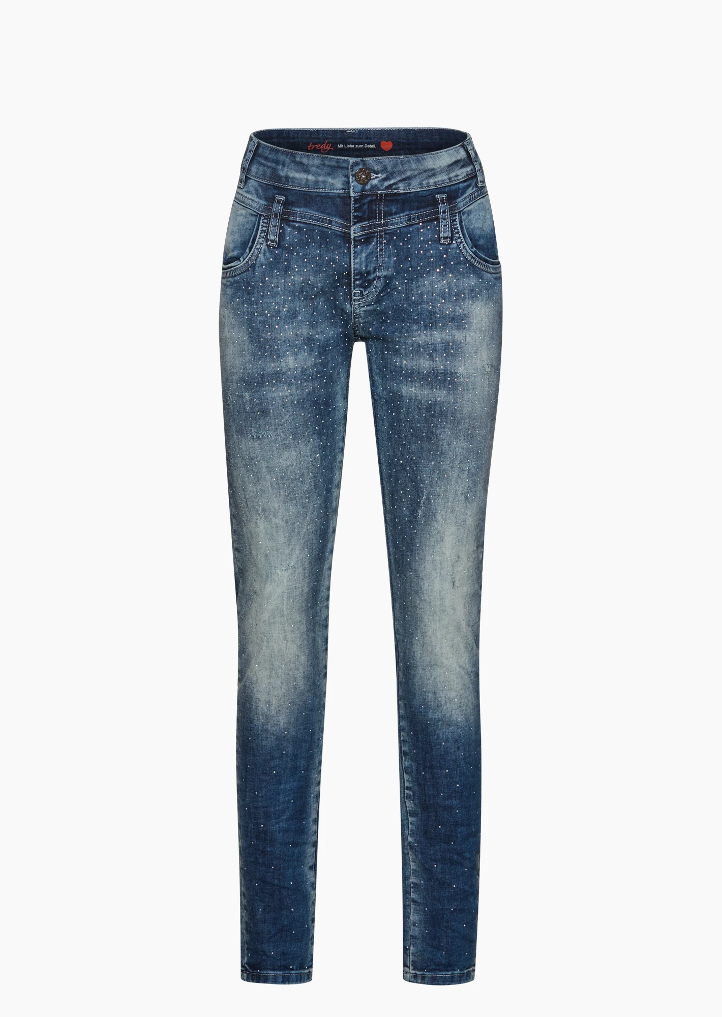 Doppelbundjeans mit Ziersteinen kurz, blue denim