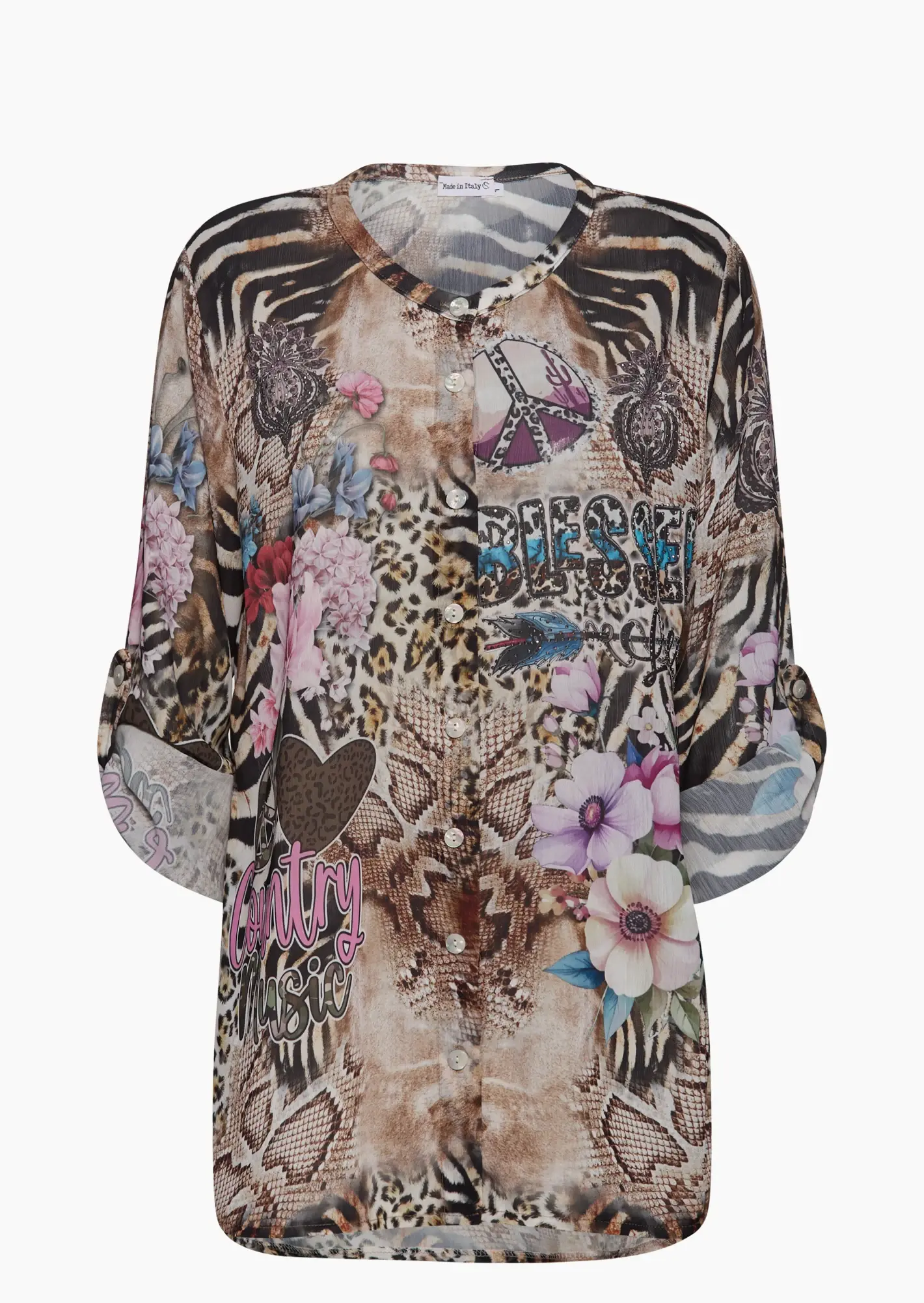 Bluse 'Blessed' transparent, crema-schwarz