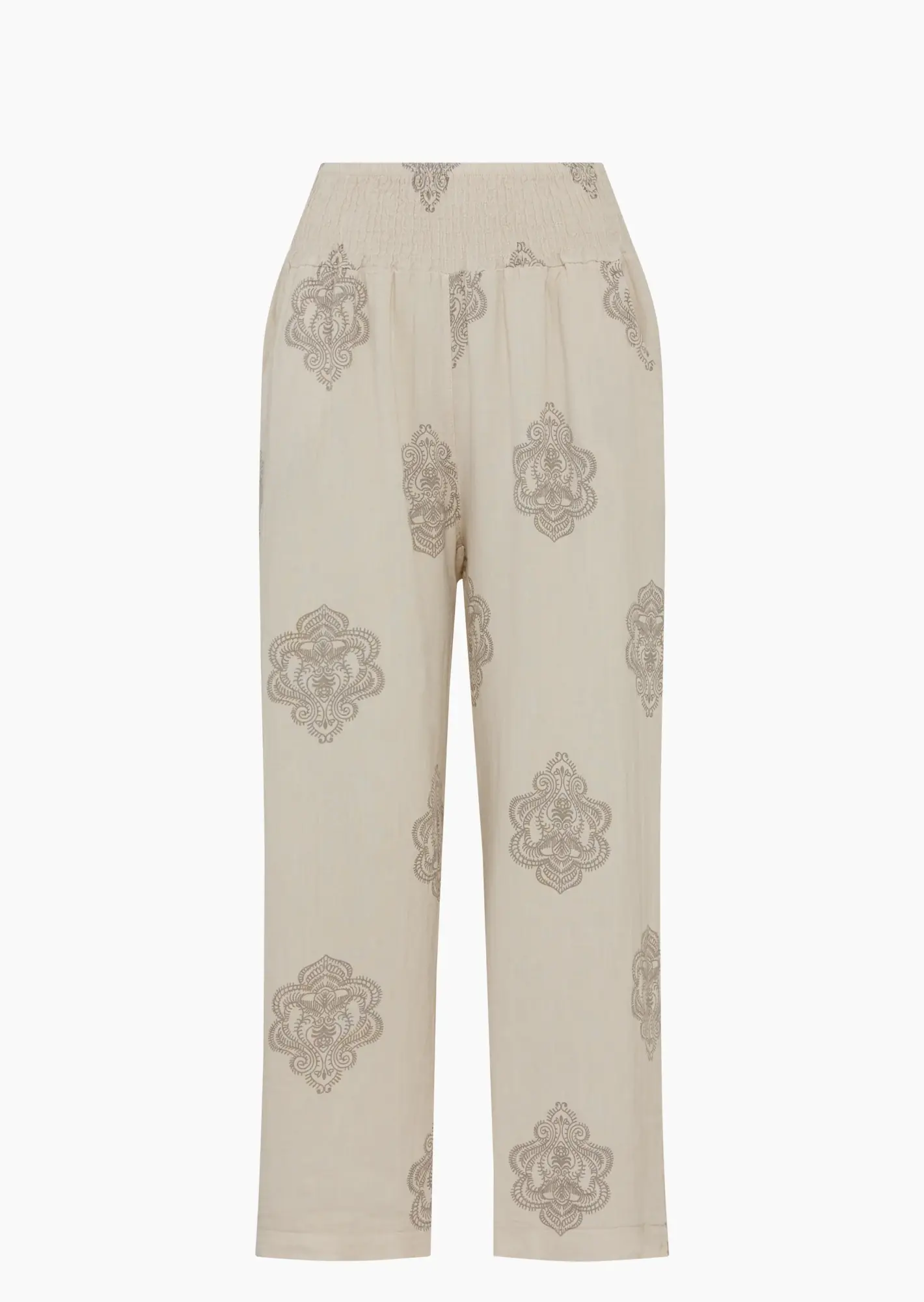 Leinenhose mit Ornamenten, crema