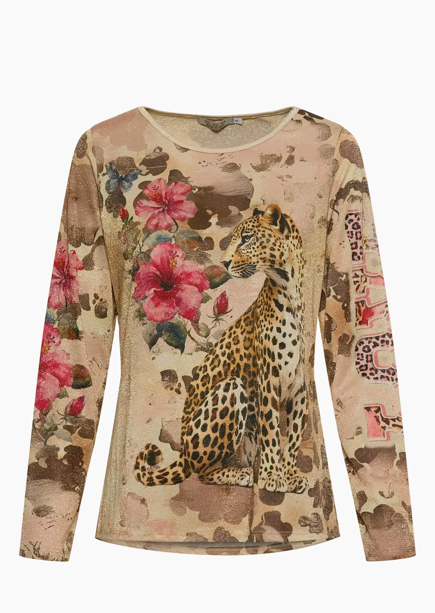 Langarmshirt mit Leo & Glitzer, crema