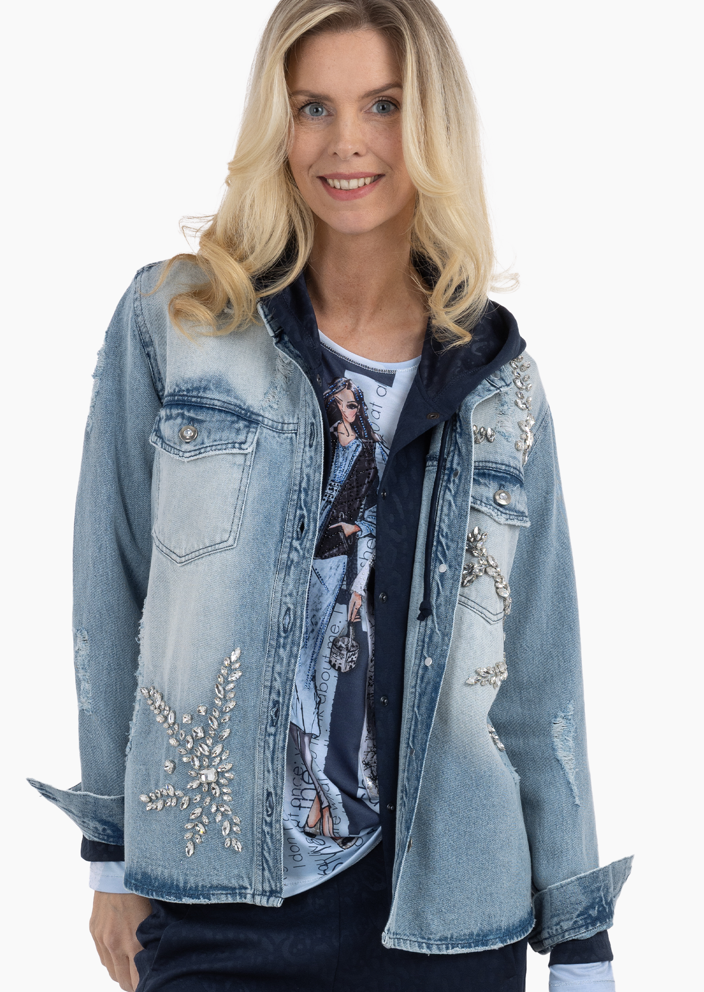 Jeansjacke mit Ziersteinen, light blue denim