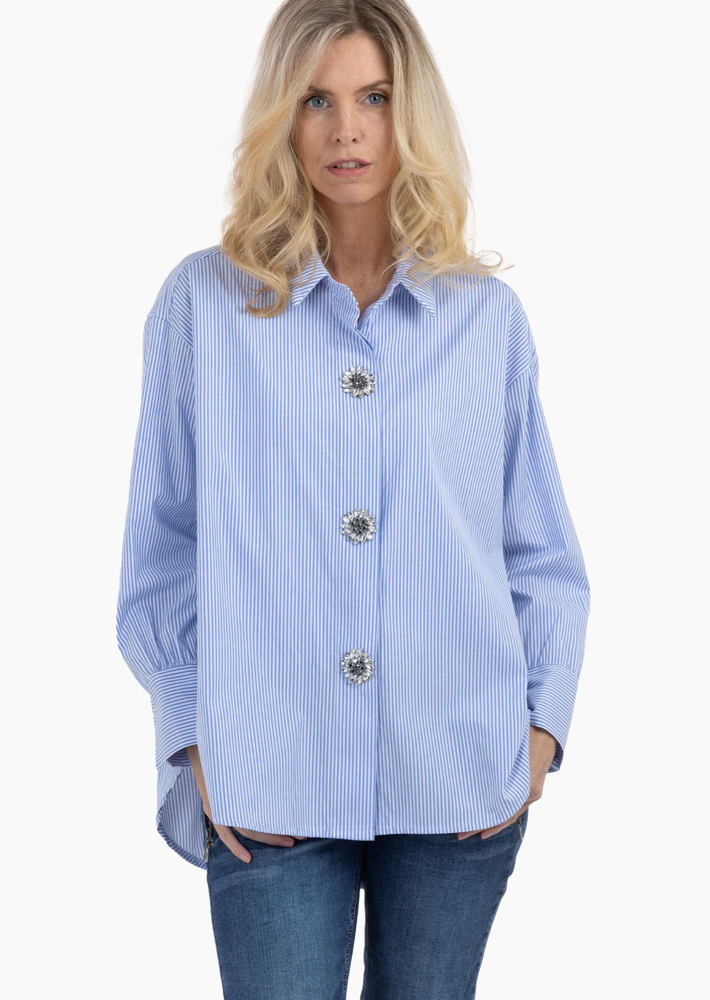 gestreifte Bluse mit dekorativen Knöpfen, blau-weiß