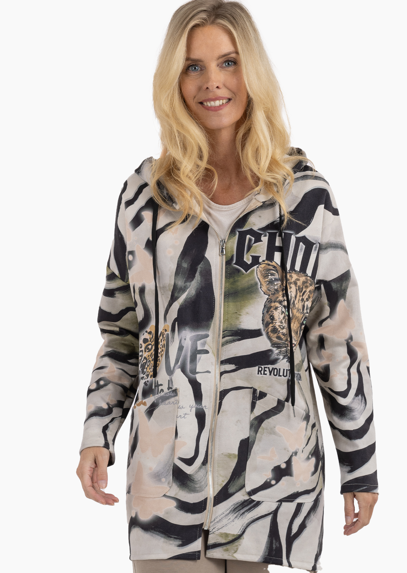 Mantel in Suede-Optik, crema-schwarz