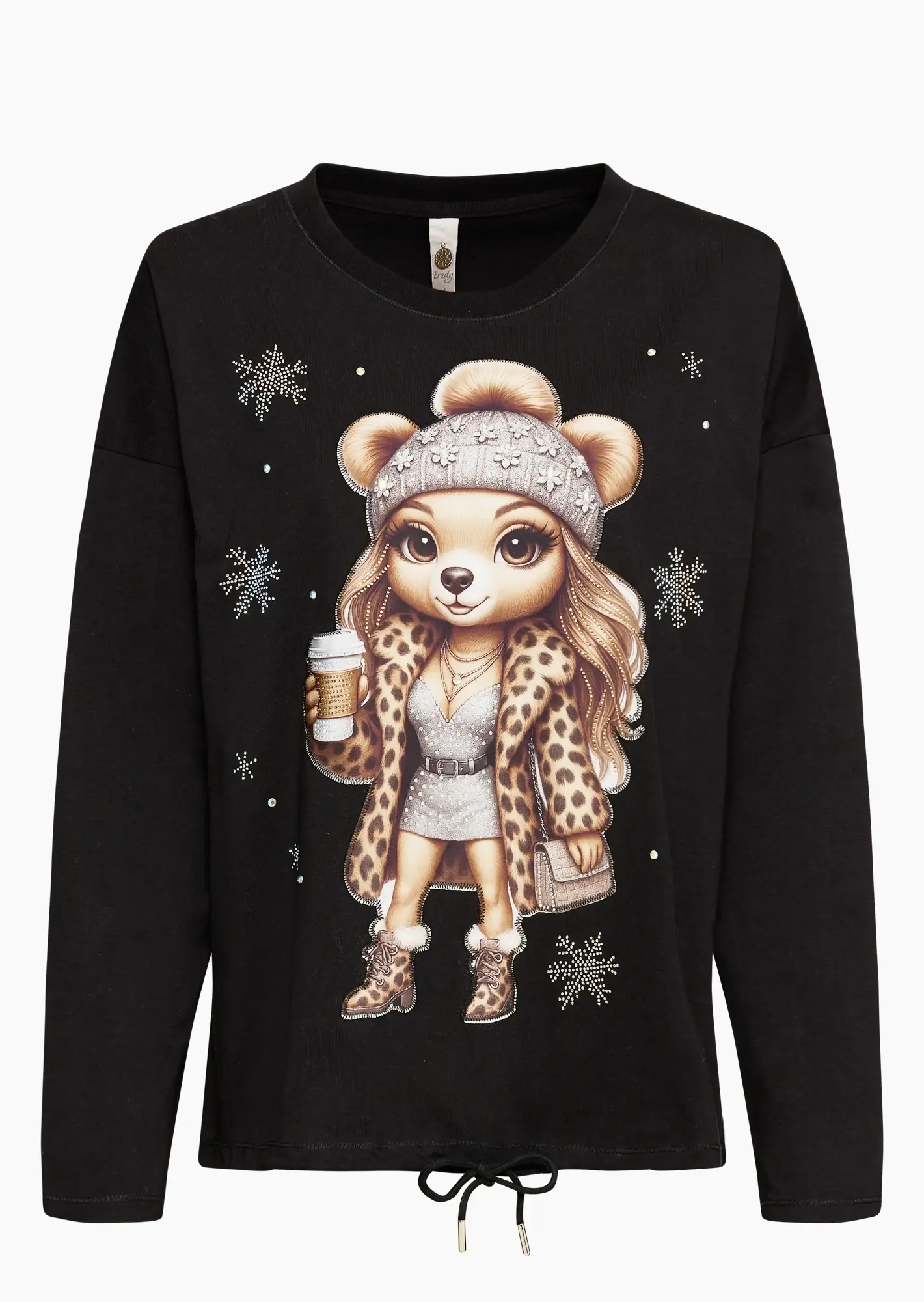 Langarmshirt 'Bear & Coffee', schwarz