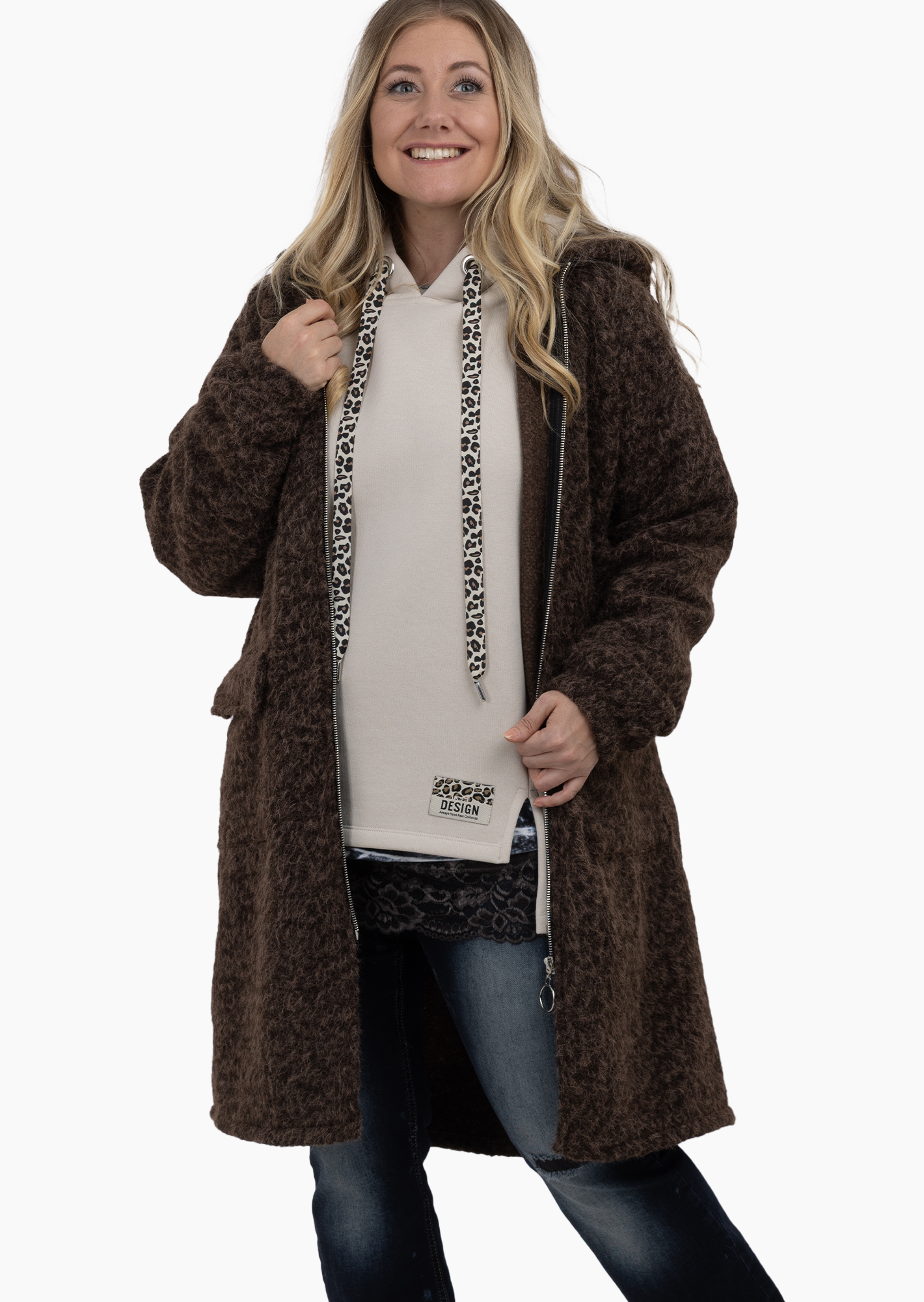 Mantel in Wollwalk-Optik, mocca