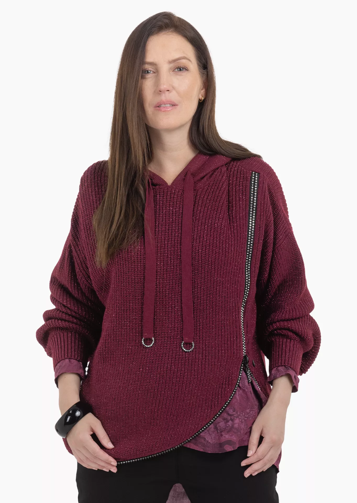 Strickpullover mit Ziersteinen, burgund