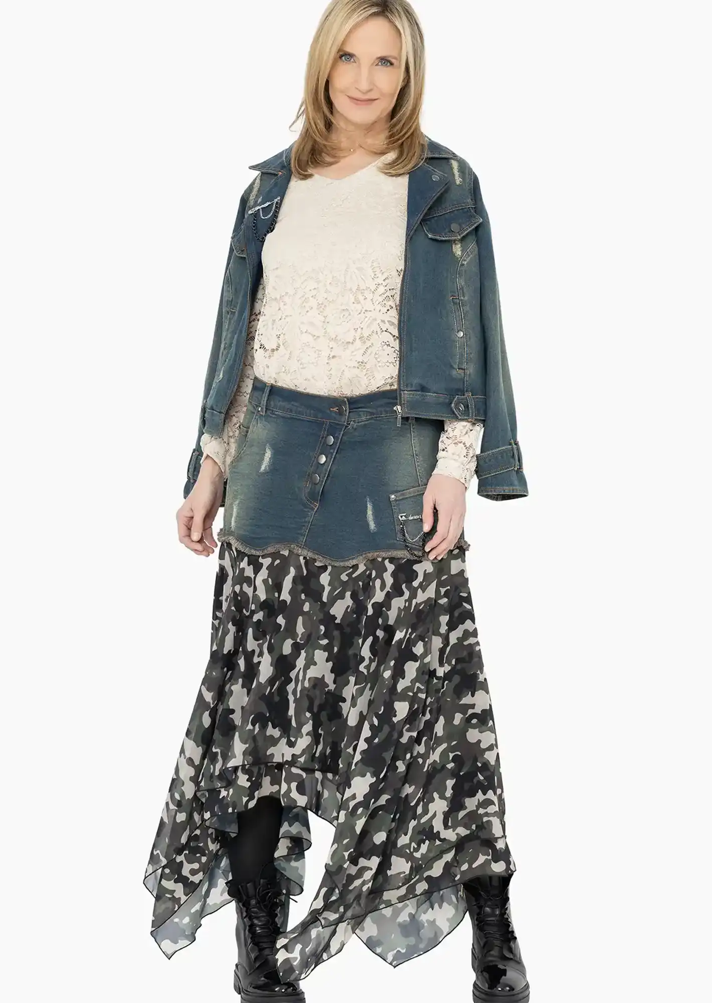 Rock im Denim- und Camouflagestyle, oliv