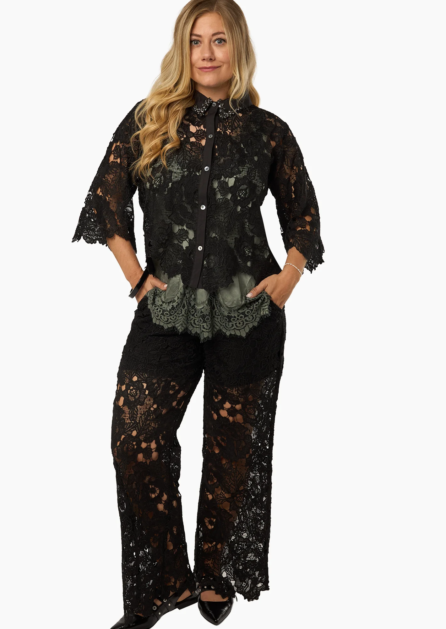 Wide Leg Spitzenhose, schwarz