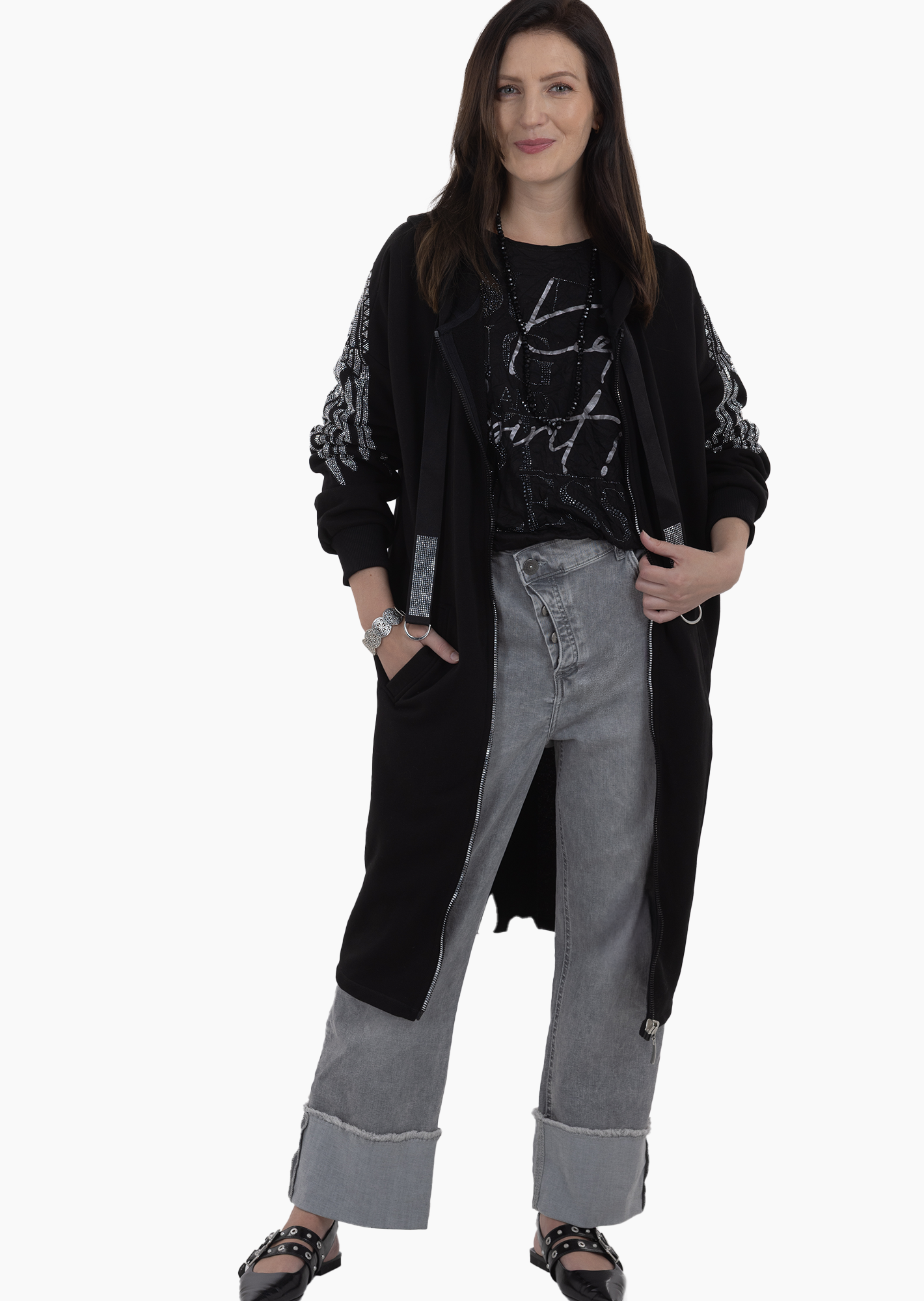 Wide Leg Jeans mit Umschlag, grey denim