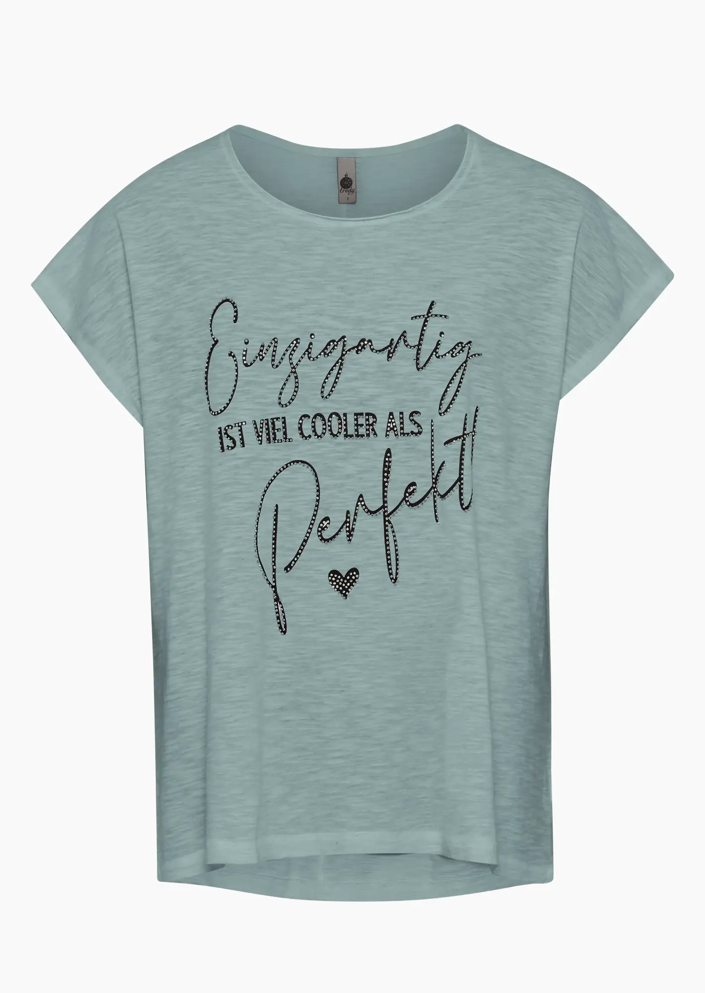Baumwoll-Shirt mit Ziersteinen und Statement, misty green