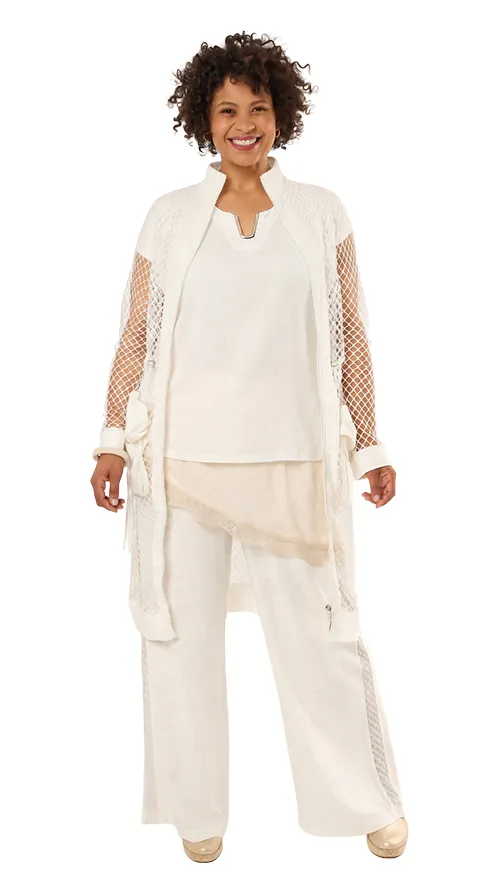 Leinen-Tencel-Wide Leg Hose mit grobem Netz, offwhite