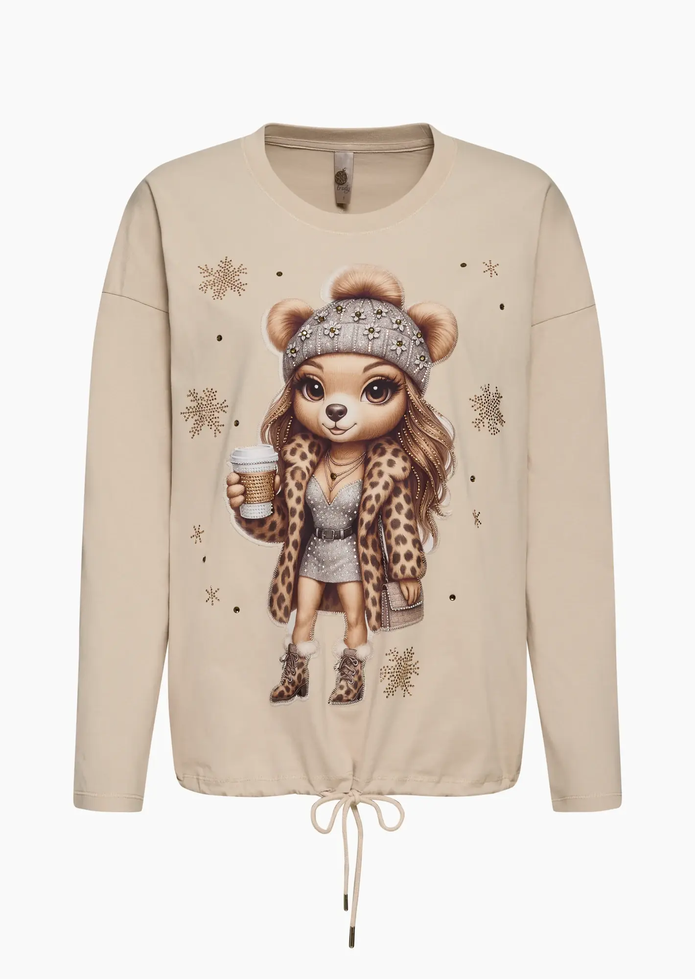 Langarmshirt 'Bear & Coffee', crema
