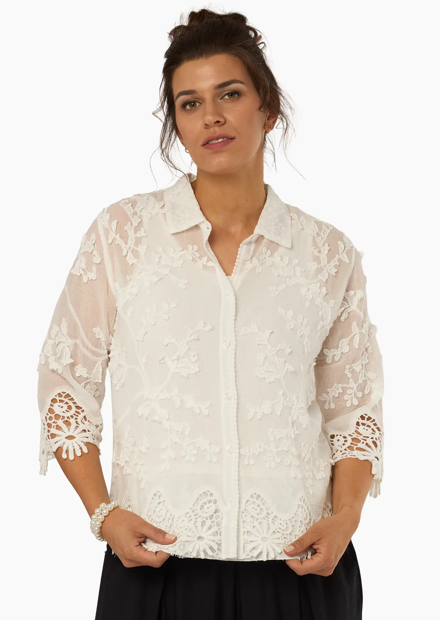 gecrashte Bluse mit Stickerei, weiß