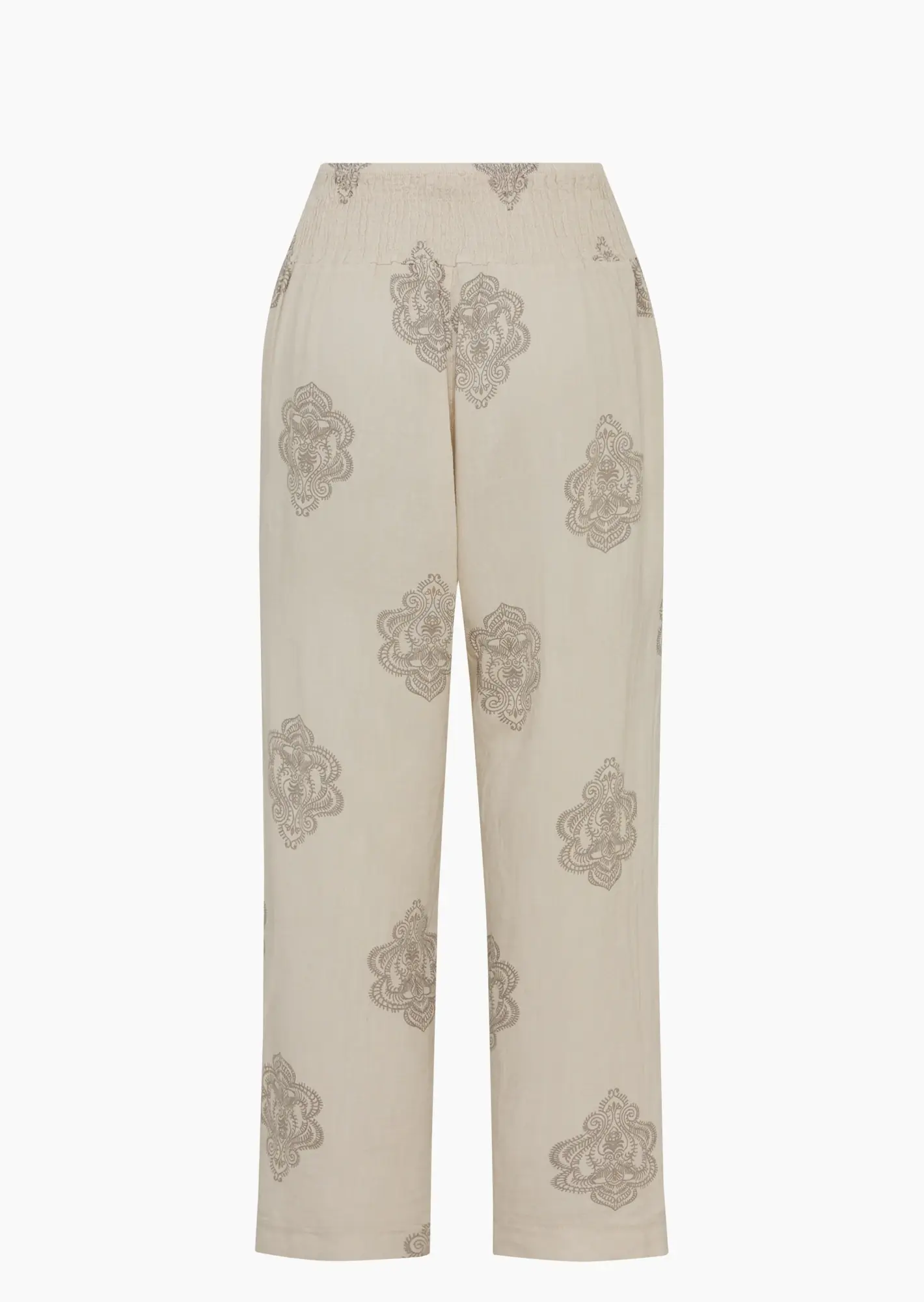 Leinenhose mit Ornamenten, crema