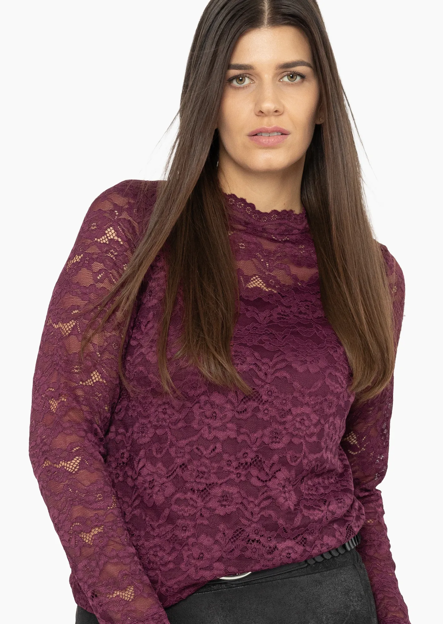 Langarmshirt mit Spitze, burgund