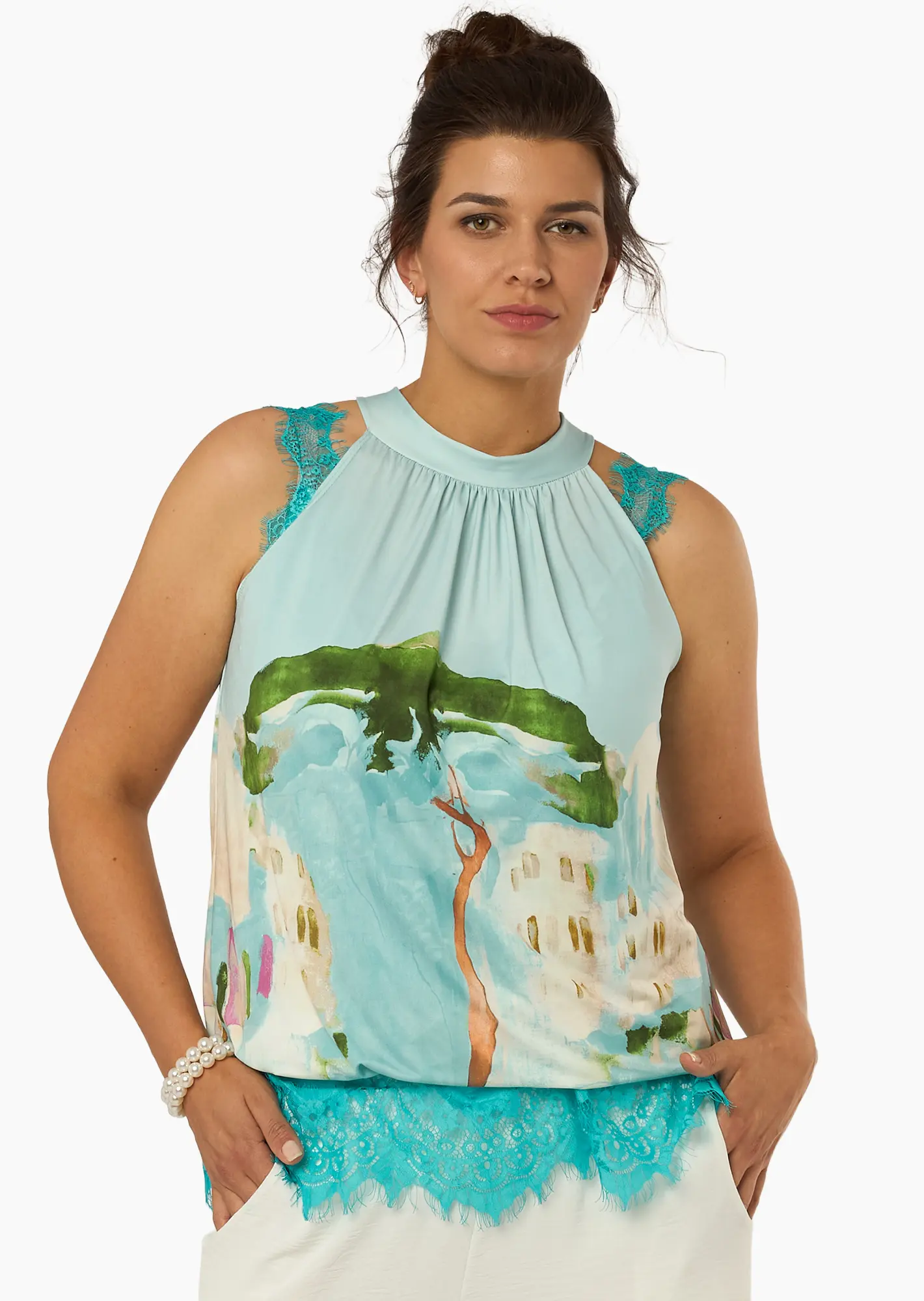 Leichtes Neckholdertop im sommerlichen Print, misty green