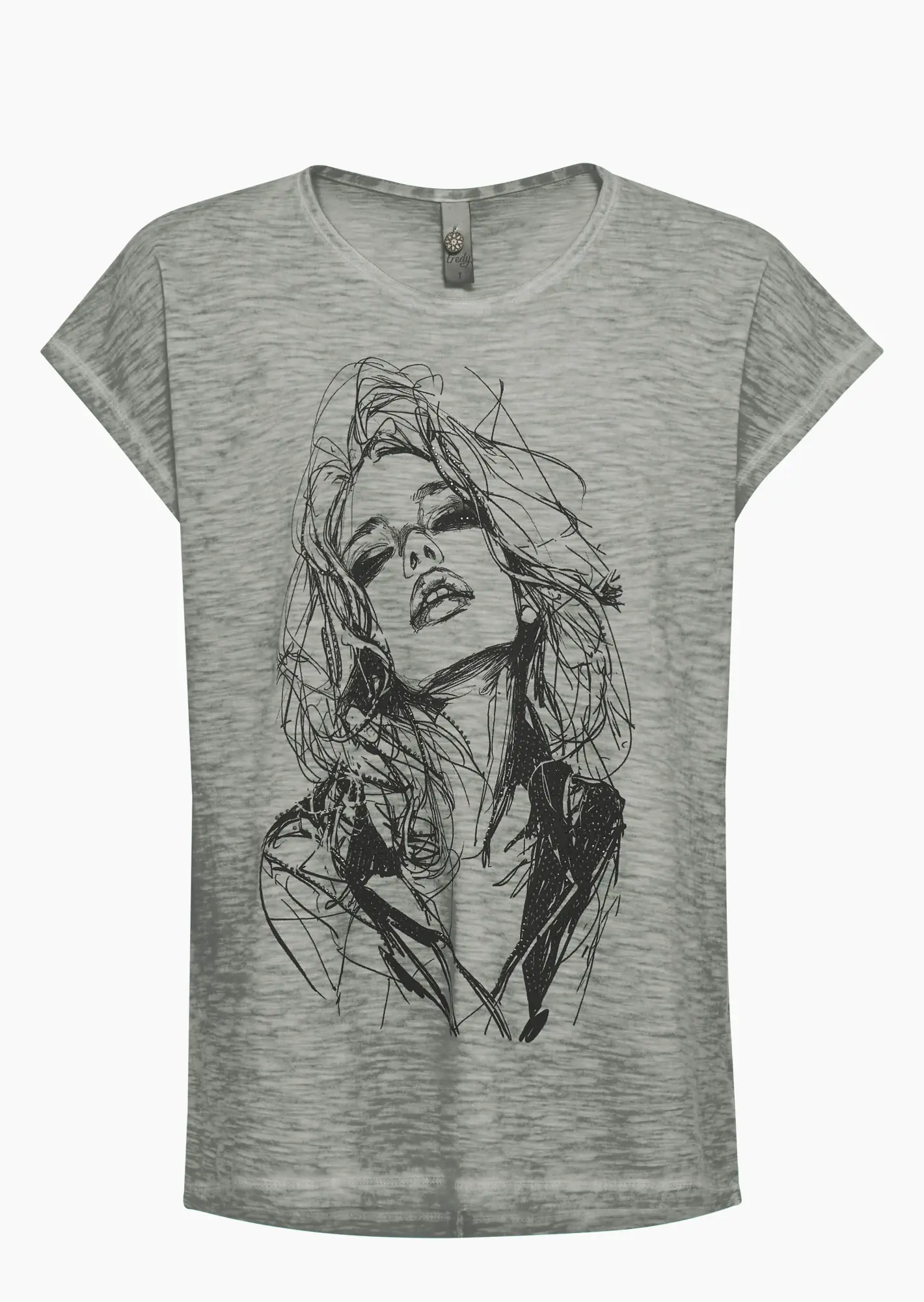 Shirt Frauenkopf mit Ziersteinen, salbei