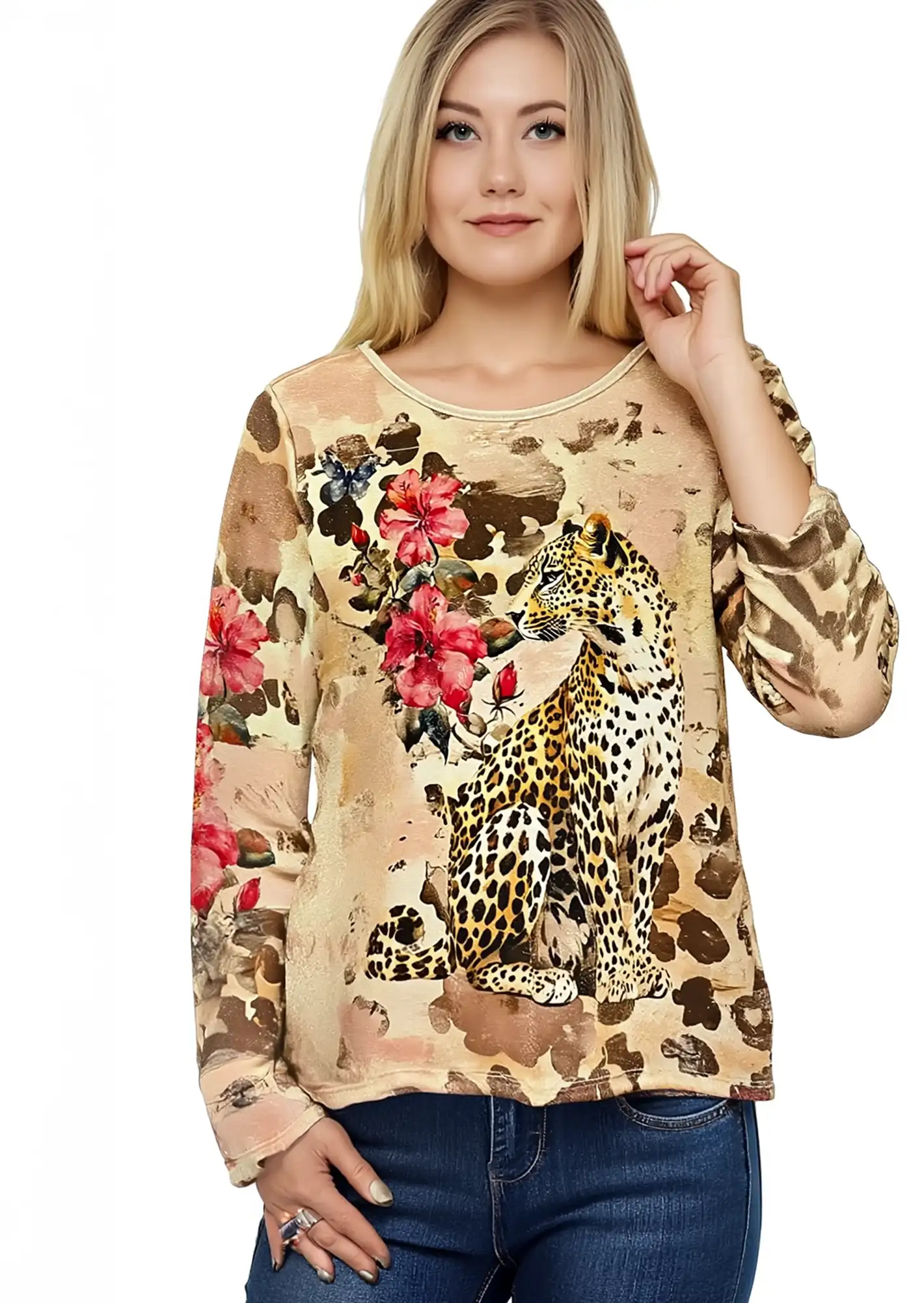 Langarmshirt mit Leo & Glitzer, crema