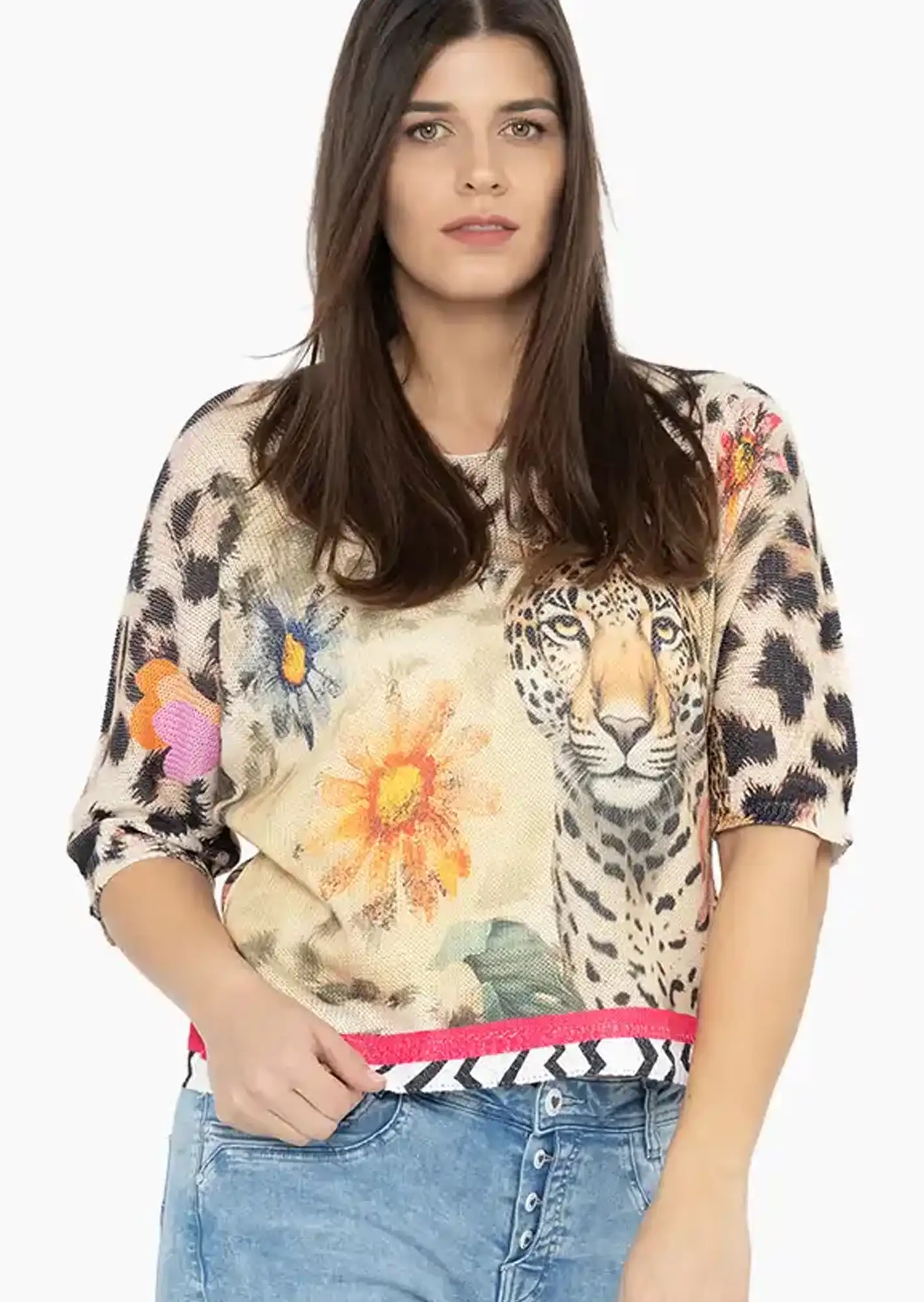 Strickpullover 'Leoprint', crema-schwarz