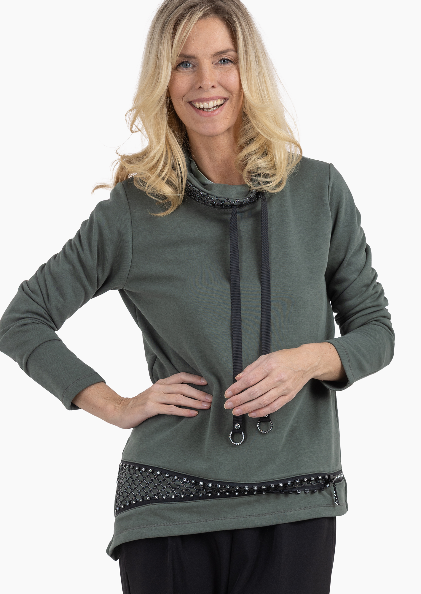 Pullover mit Lurex und Ziersteinen, khaki