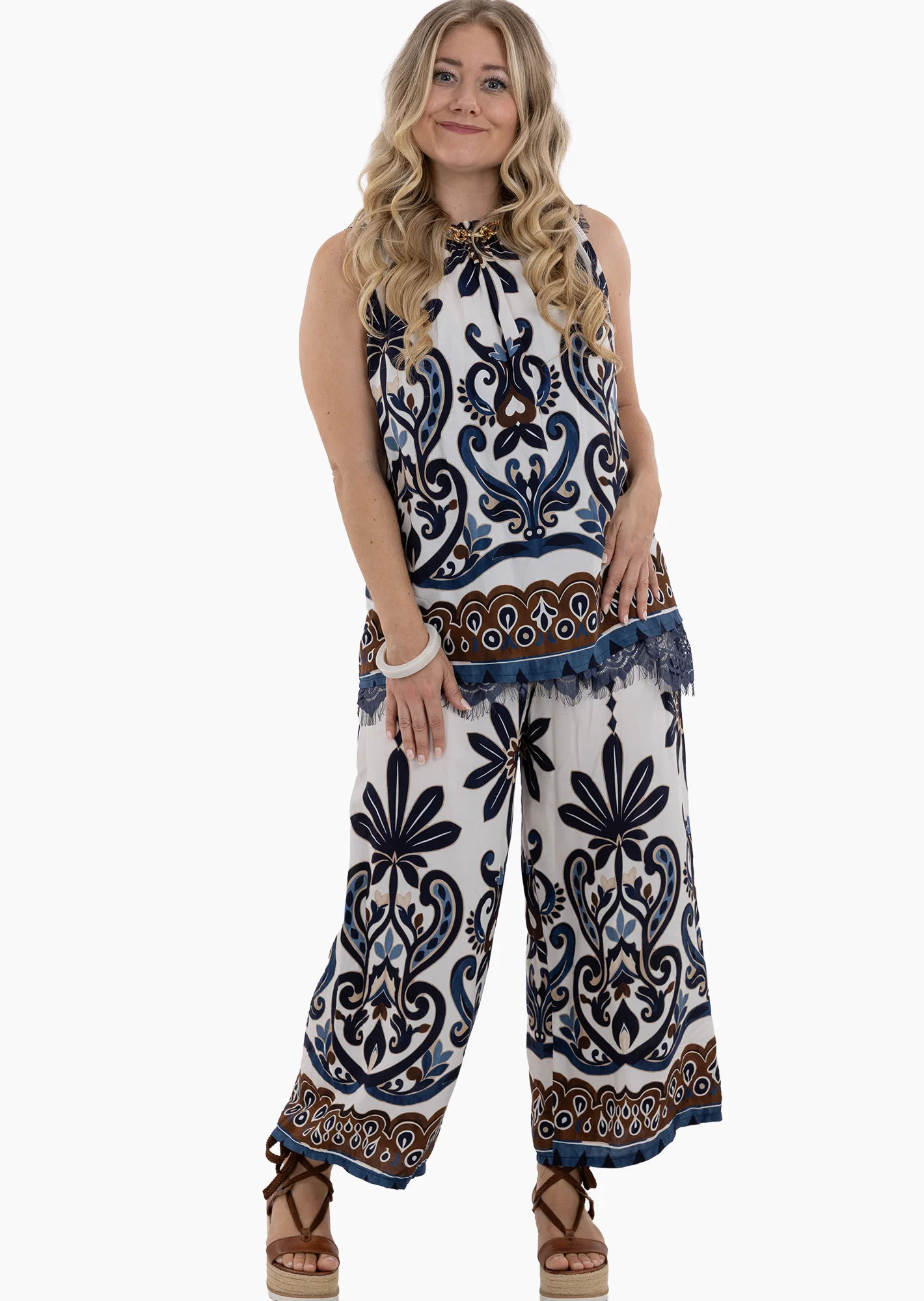 Leichte Wide Leg Hose im Bordürendruck, blau
