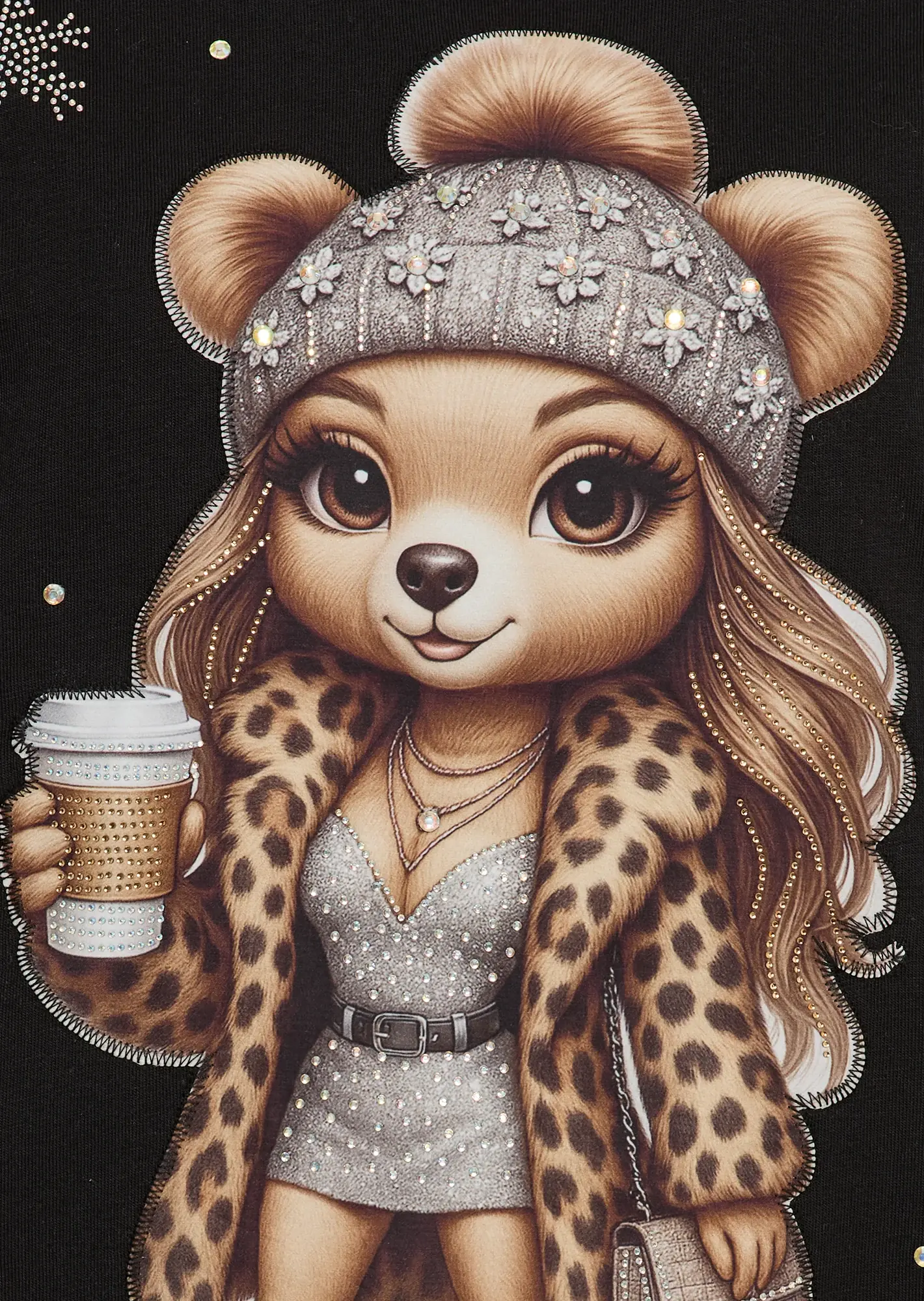 Langarmshirt 'Bear & Coffee', schwarz