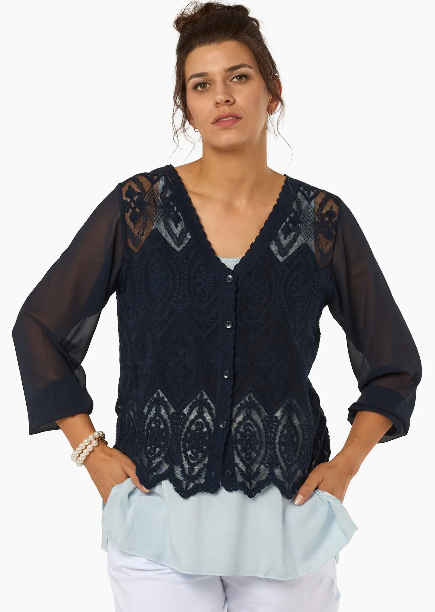 Bluse im Spitzendesign, navy
