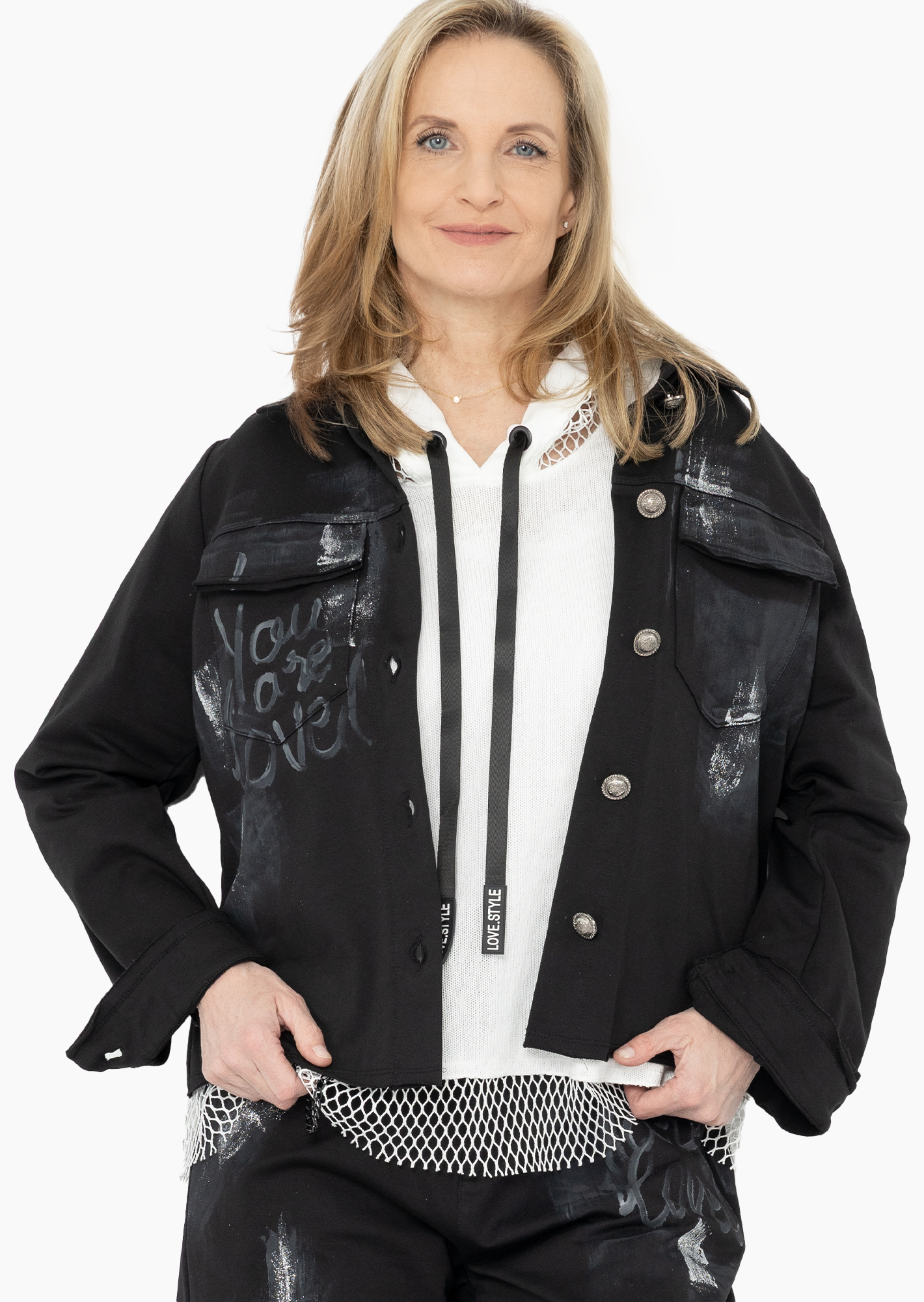 Sweatjacke im Jeansstyle 'You are loved', schwarz