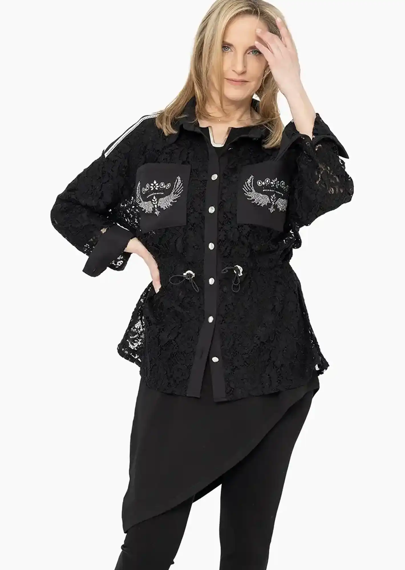 Blusenjacke mit Spitze & Ziersteinen, schwarz