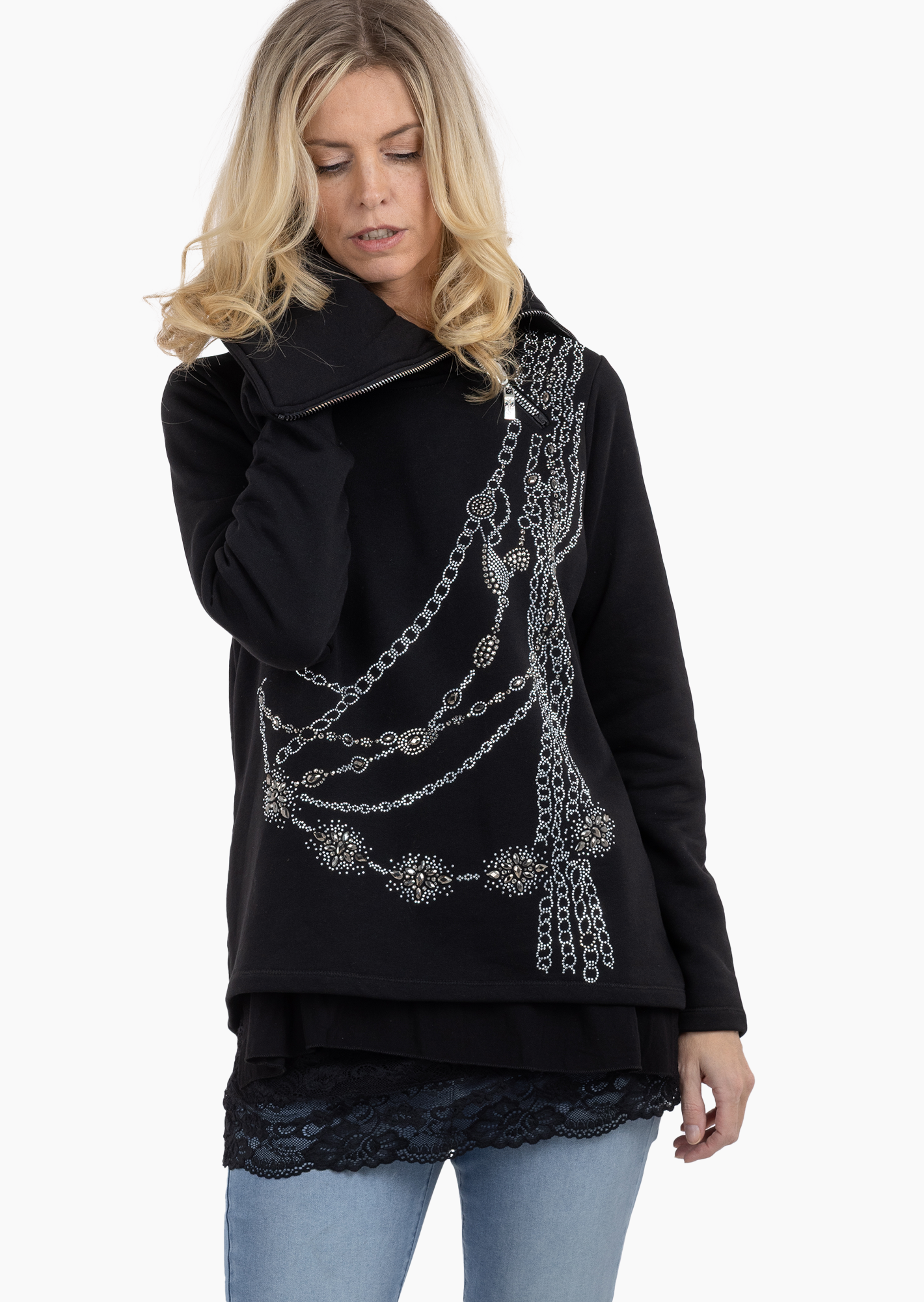 Sweatpullover mit Ziersteinen, schwarz