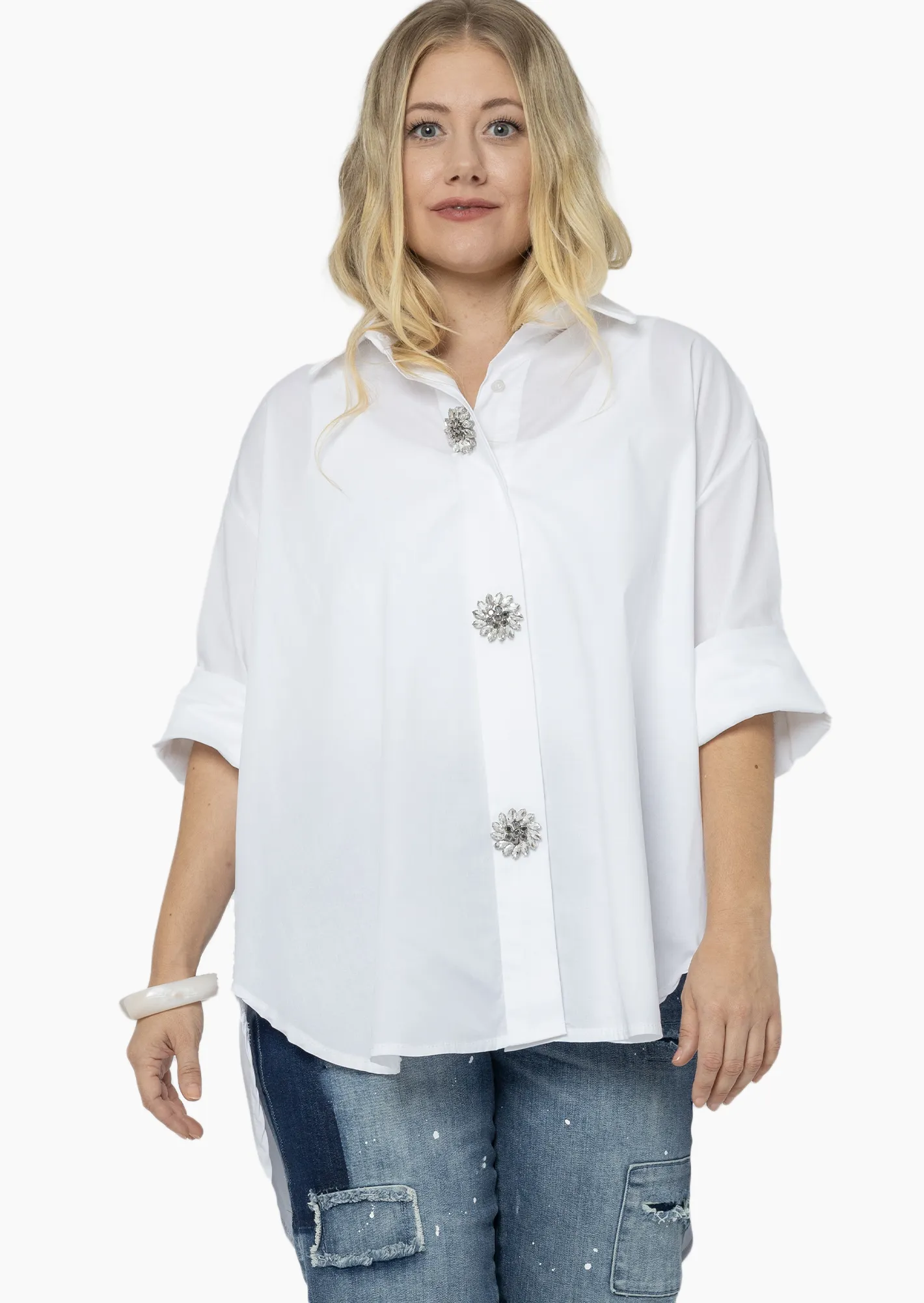 Bluse mit dekorativen Knöpfen, weiß