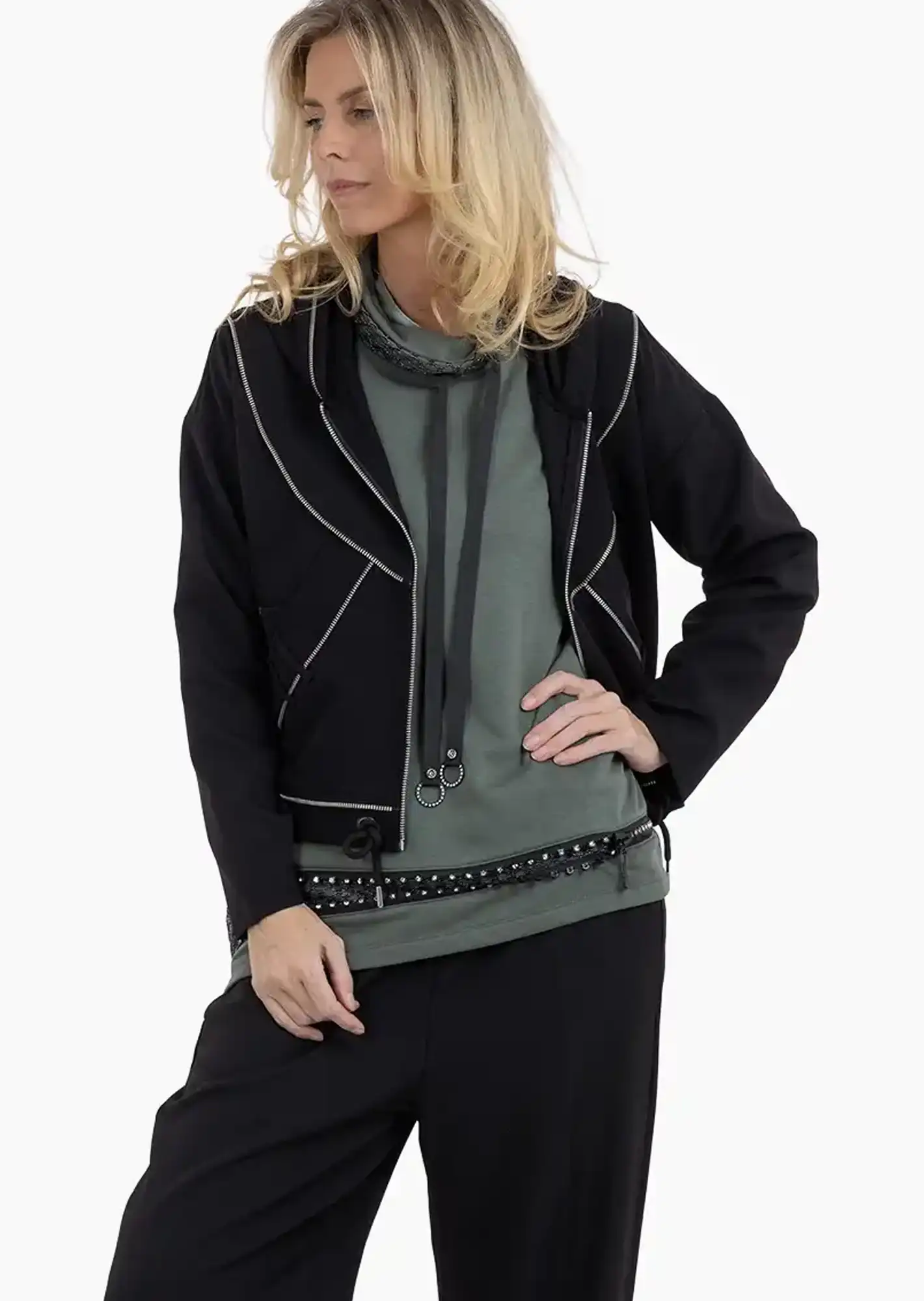 Shirtjacke mit Reißverschlüssen, schwarz