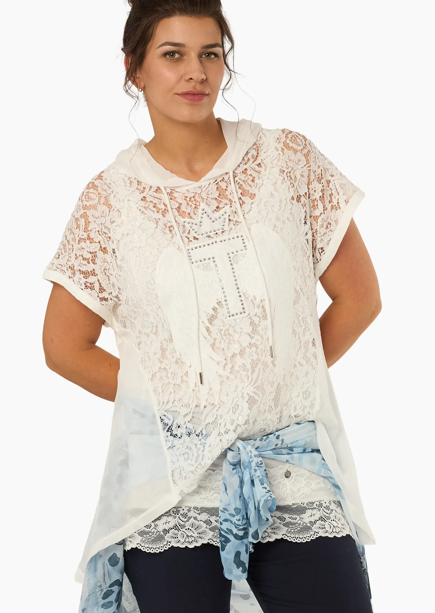 Shirt mit transparenter Spitze und Chiffon, offwhite
