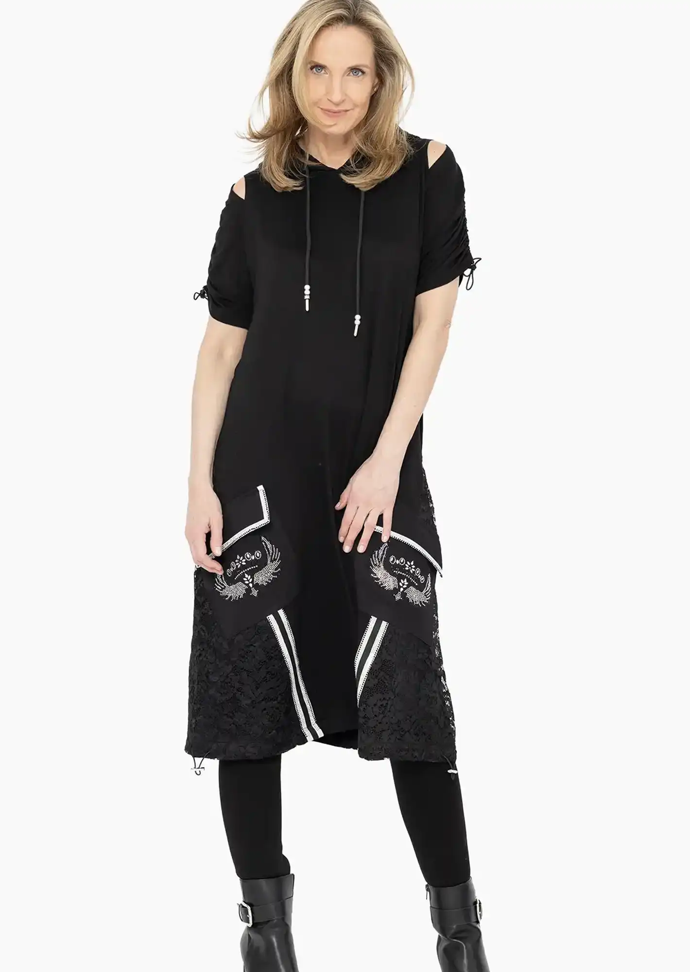 Kleid mit Spitze & Ziersteinen, schwarz