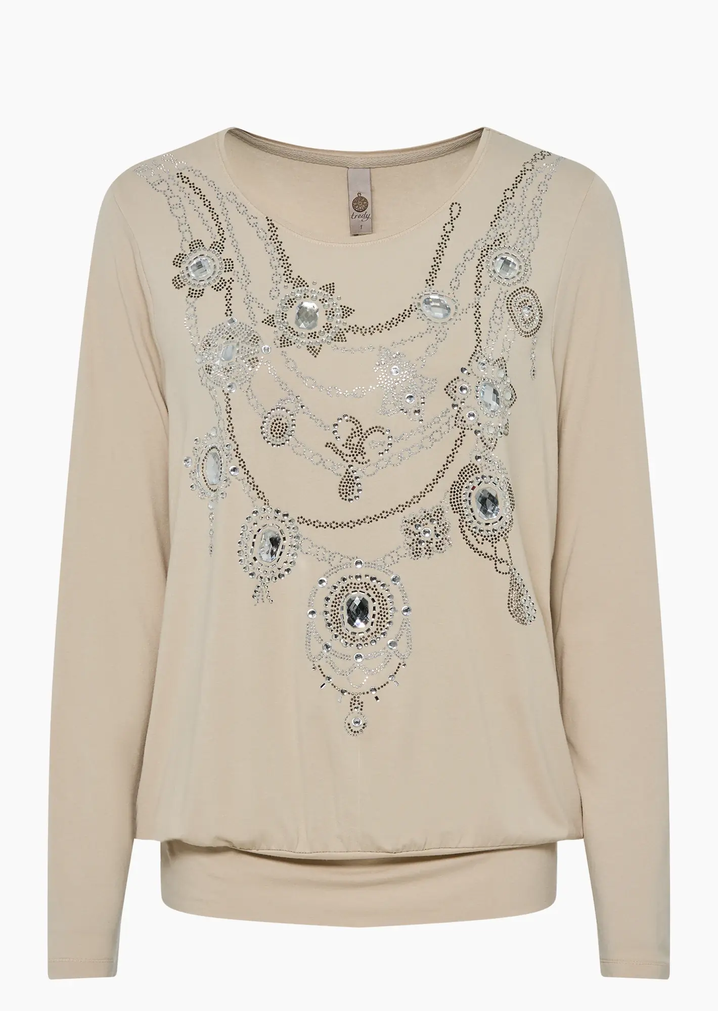 Langarmshirt mit dekorativen Ziersteinen, crema