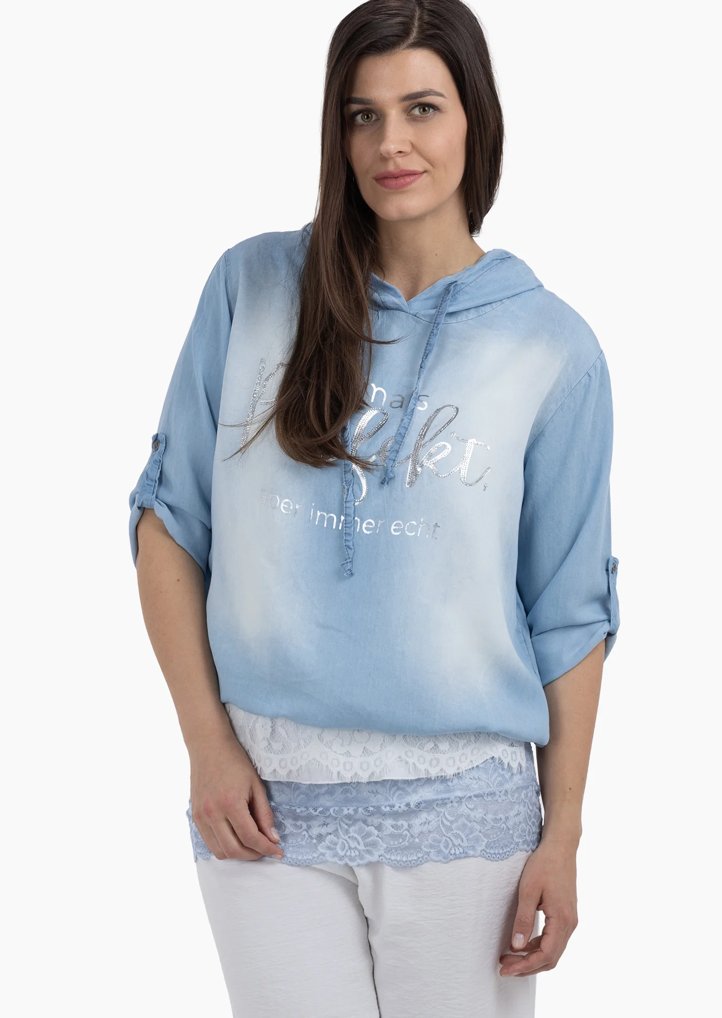 Lyocell-Denim-Bluse mit Statement, bleached denim