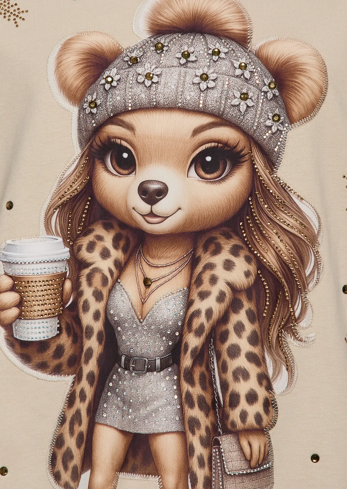 Langarmshirt 'Bear & Coffee', crema