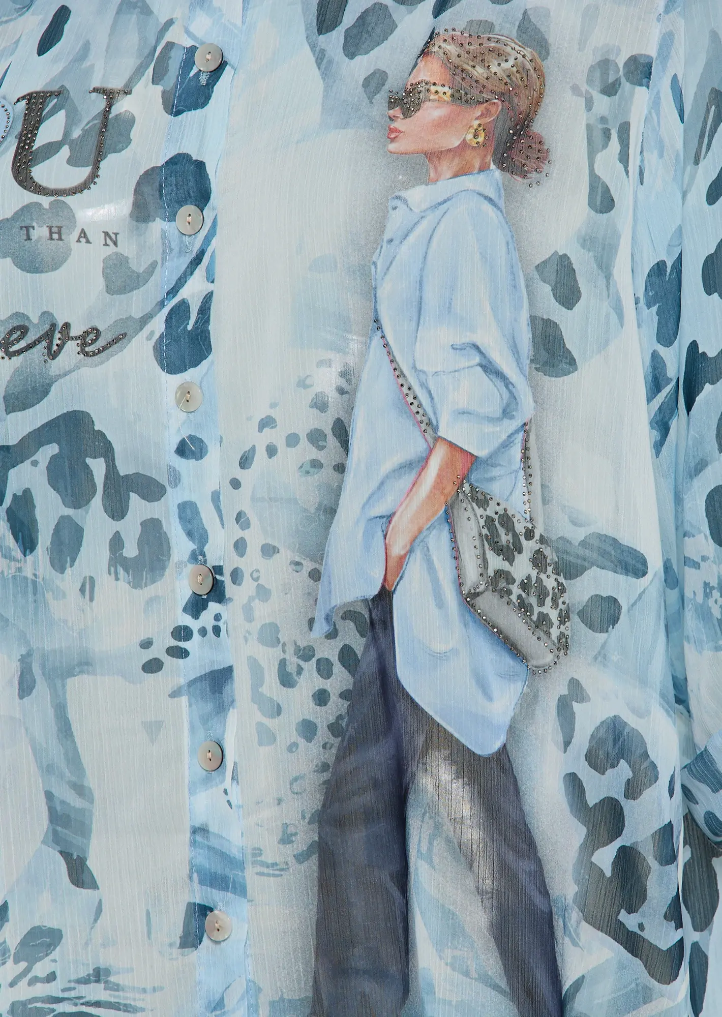 transparente Chiffonbluse mit Print und Ziersteinen, eiskristall