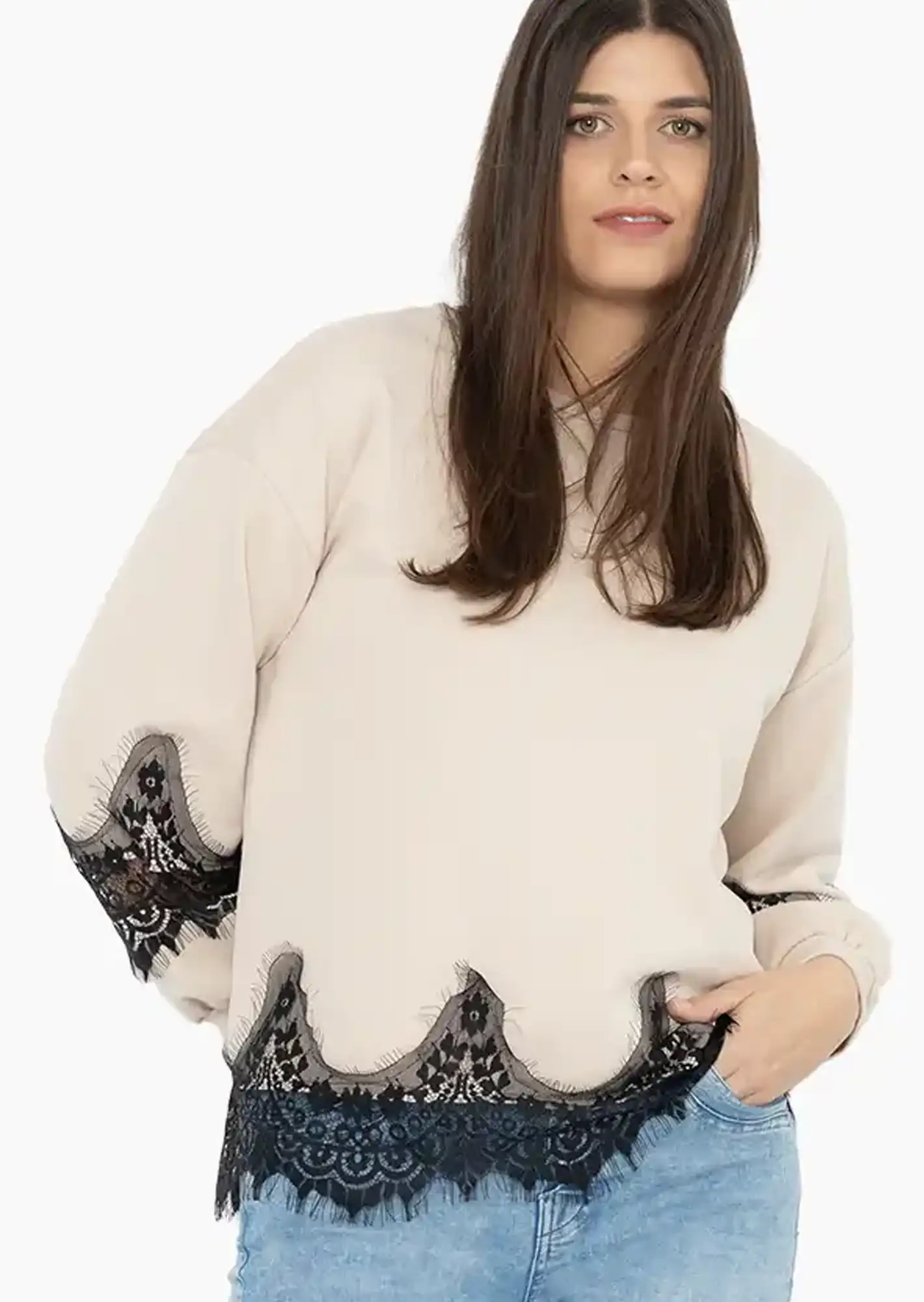 Sweatpullover mit Spitze, crema-schwarz