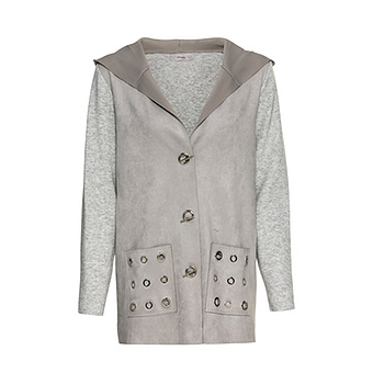 Tredy Fashion Onlineshop Strickjacke Mit Veggie Leder In Suede Optik Silber Melange Mode In Grosse 36 50