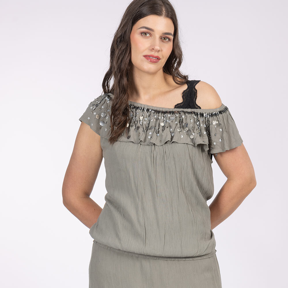 Bluse mit Pailletten, salbei 